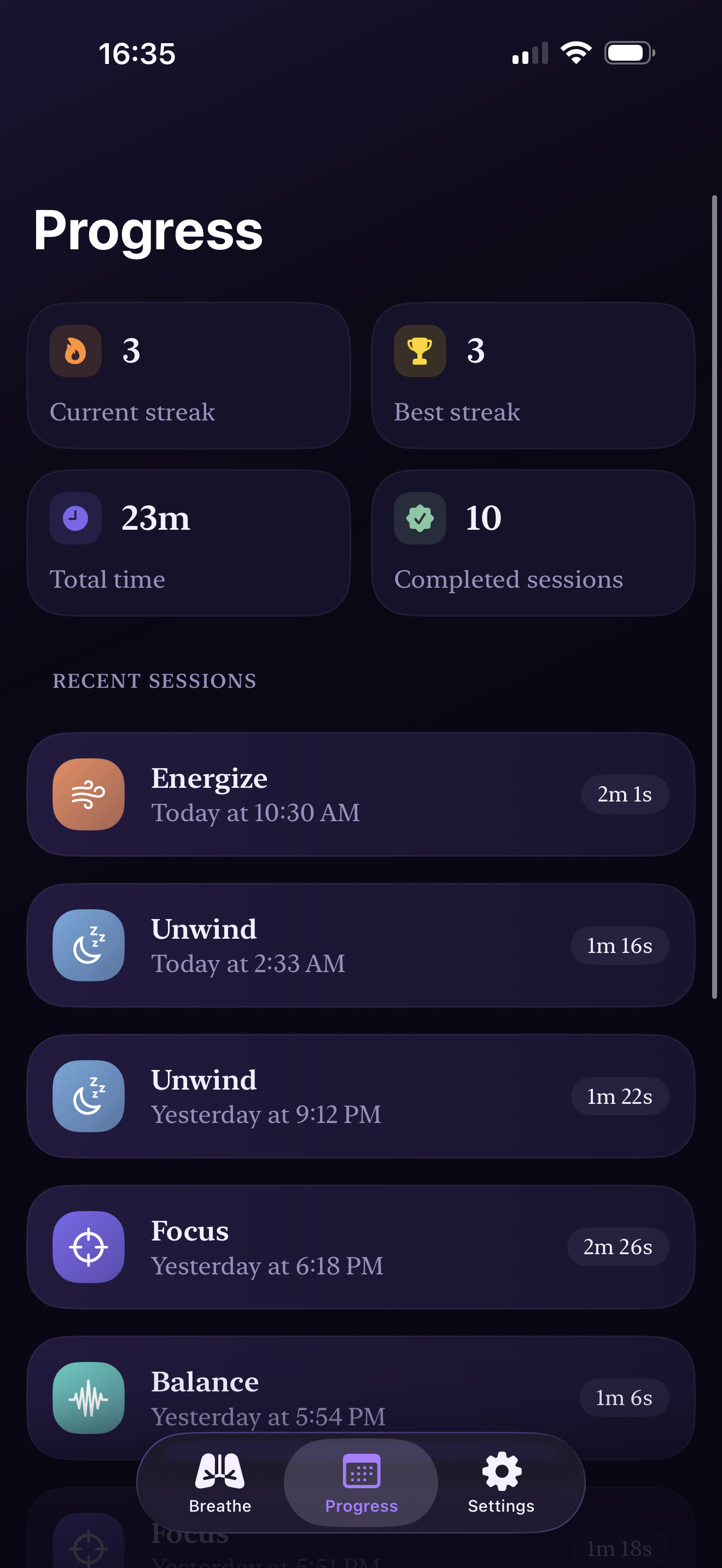 Progress and recent sessions